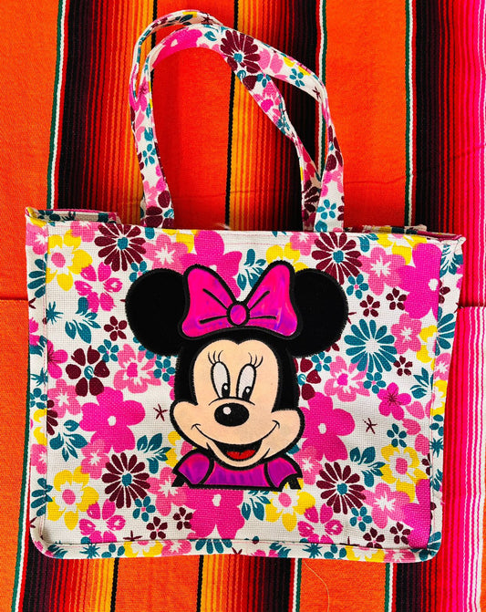 Bolsas de Yute 100% Mexicanas: Minnie Mouse con fondo claro de flores