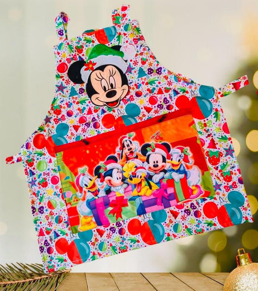 Mandil Bordado Navideño Colores | Con Bolsas y Cierres | Estampado de Minnie Mouse